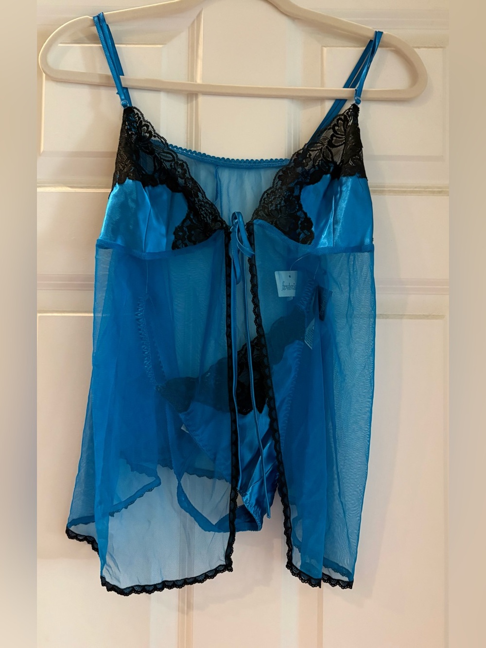 Frederick's of Hollywood NWT Blue Sheer Chemise with Black Lace Trim